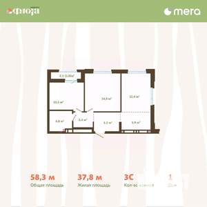3-к квартира, вторичка, 58м2, 7/15 этаж