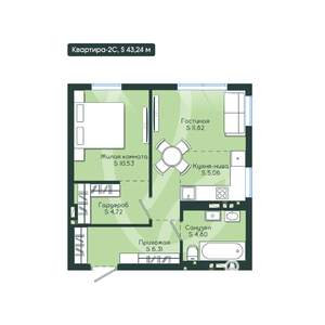 2-к квартира, вторичка, 43м2, 4/12 этаж