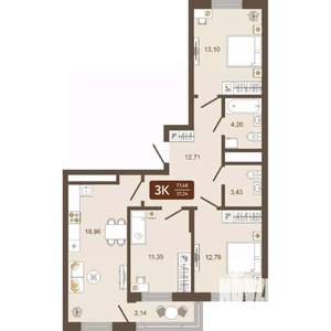 3-к квартира, вторичка, 77м2, 7/16 этаж