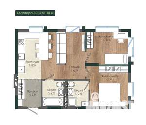 3-к квартира, вторичка, 61м2, 2/12 этаж