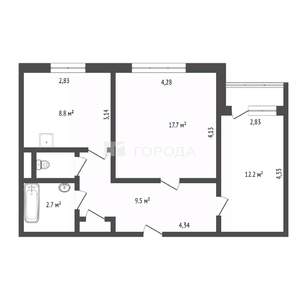 2-к квартира, вторичка, 53м2, 9/9 этаж