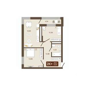 2-к квартира, строящийся дом, 58м2, 6/16 этаж