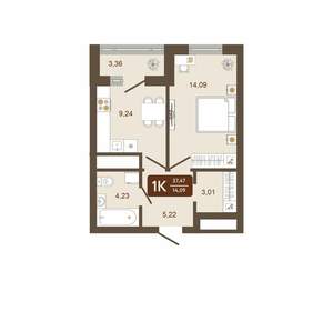 1-к квартира, вторичка, 37м2, 3/16 этаж